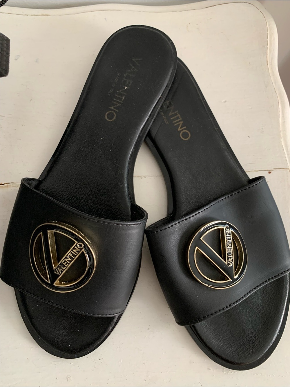 Mario Valentino Black Leather Slide Sandals with Gold Logo Medallions